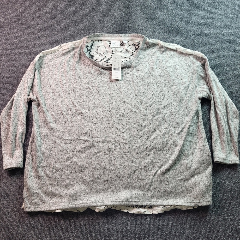 Soho Jeans Women's Gray Marled Lace Trim‎ Long Sleeve Top Size Small
